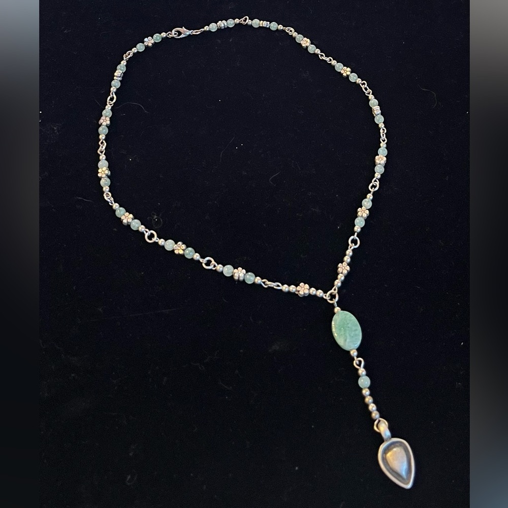 Vintage silver tone necklace with jade color beading.